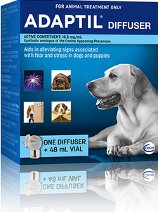 adaptil is a pheromone used to help your dog relax when anxious or is scared of loud noises